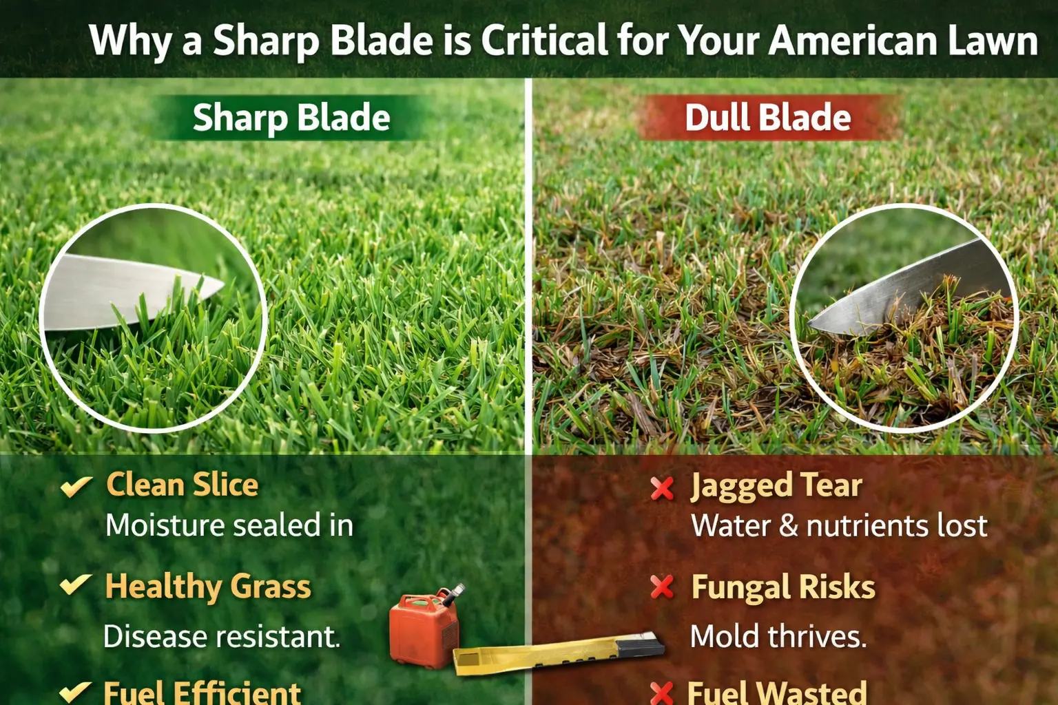 Comparison of sharp vs dull lawnmower blades showing clean grass cut versus jagged torn grass and lawn damage
