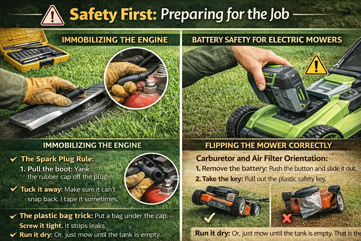 Lawnmower safety preparation steps showing spark plug removal, battery removal on electric mower, and correct mower tipping to prevent oil and fuel leaks
