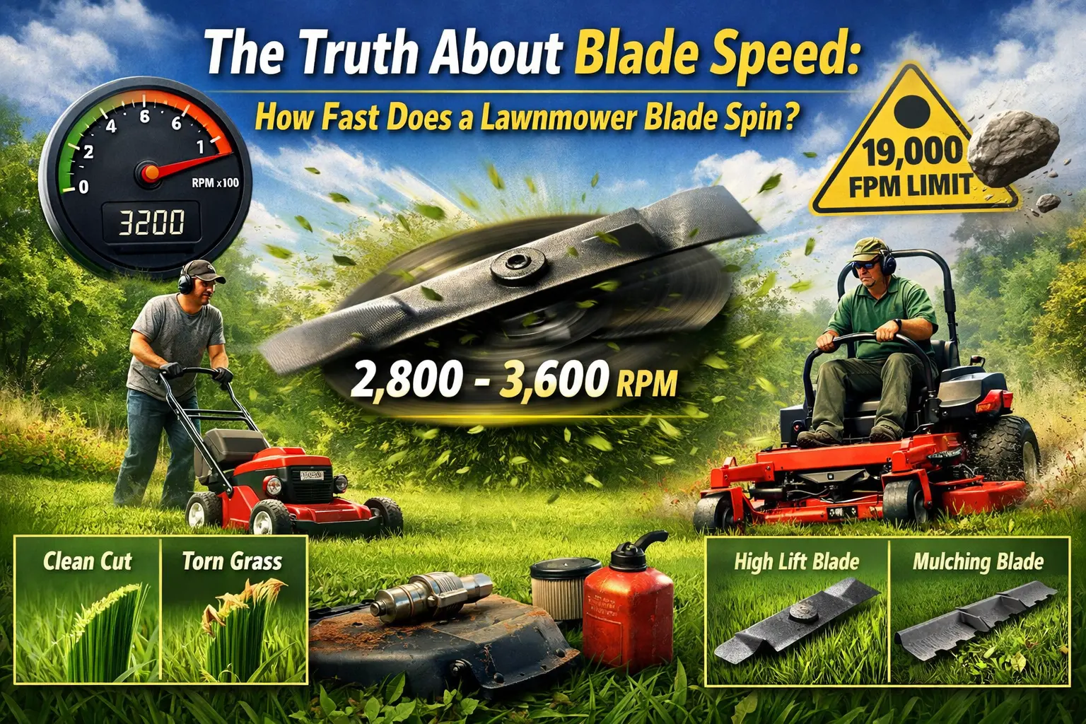 High-speed lawnmower blade spinning with RPM meter showing 2800–3600 RPM, comparing clean cut vs torn grass and different mower types
