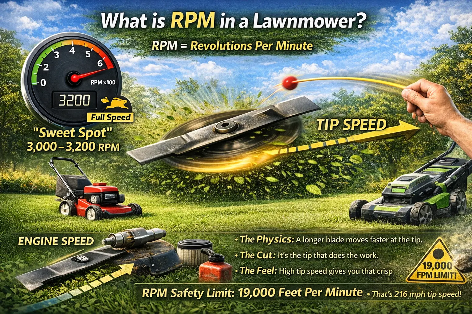 Lawnmower RPM explained with engine speed gauge, blade tip speed illustration, and 3000 to 3200 RPM sweet spot for clean grass cutting