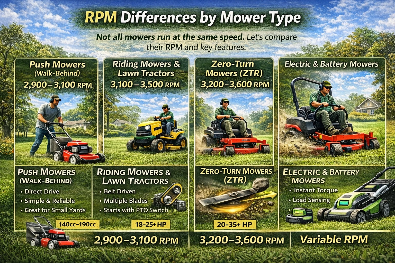 RPM differences by mower type showing push mowers, riding mowers, zero turn mowers, and electric mowers with their typical blade speeds