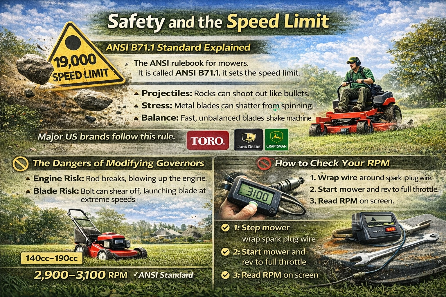 Lawnmower safety infographic showing ANSI B71.1 speed limit, 19,000 feet per minute blade tip speed, and how to check mower RPM with a tachometer