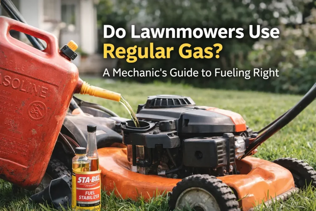 Man pouring gasoline from a red gas can into a lawnmower engine in a backyard