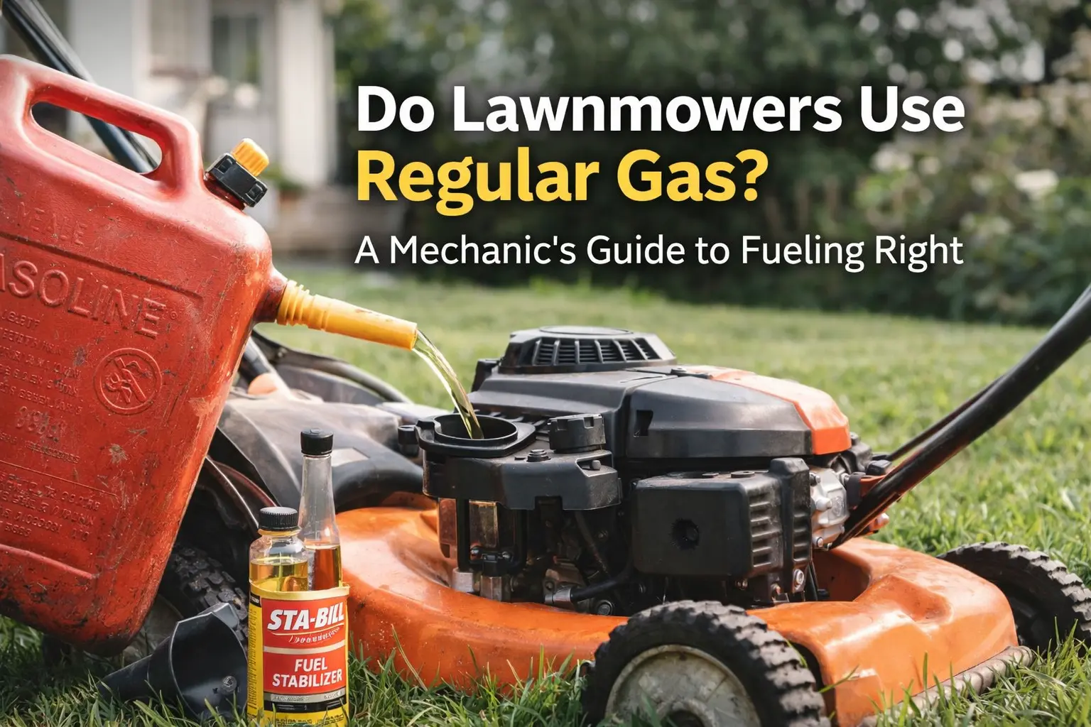 Man pouring gasoline from a red gas can into a lawnmower engine in a backyard