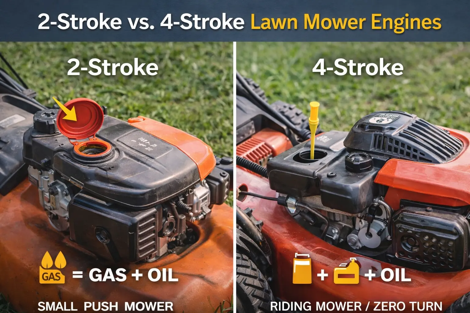 Side-by-side comparison of 2-stroke and 4-stroke lawnmower engines showing fuel cap and oil dipstick differences