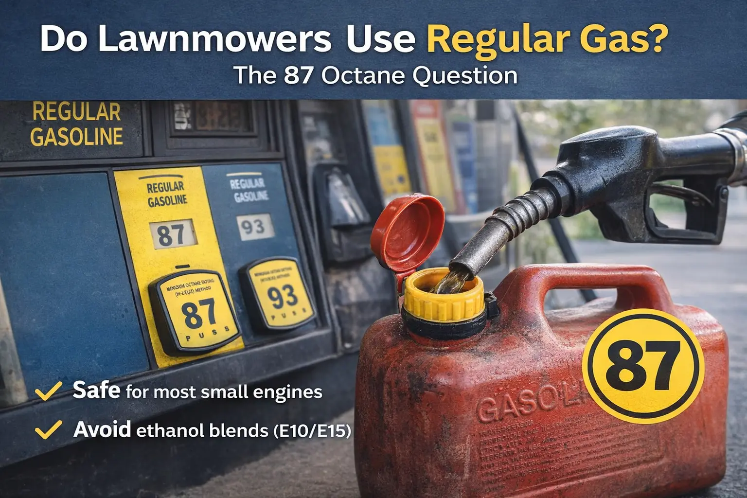 Regular 87 octane gasoline being pumped into a red gas can at a gas station for lawnmower use