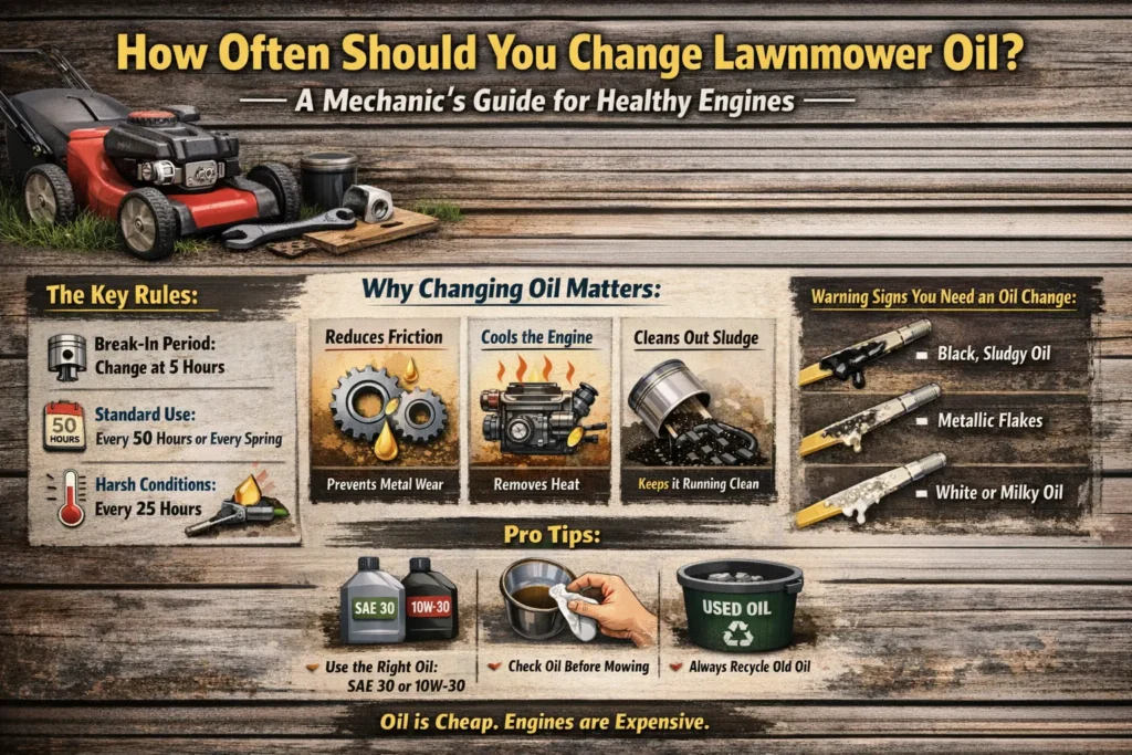 How often should you change lawnmower oil infographic showing oil change intervals, engine protection benefits, warning signs of dirty oil, and recommended oil types for lawn mower engines