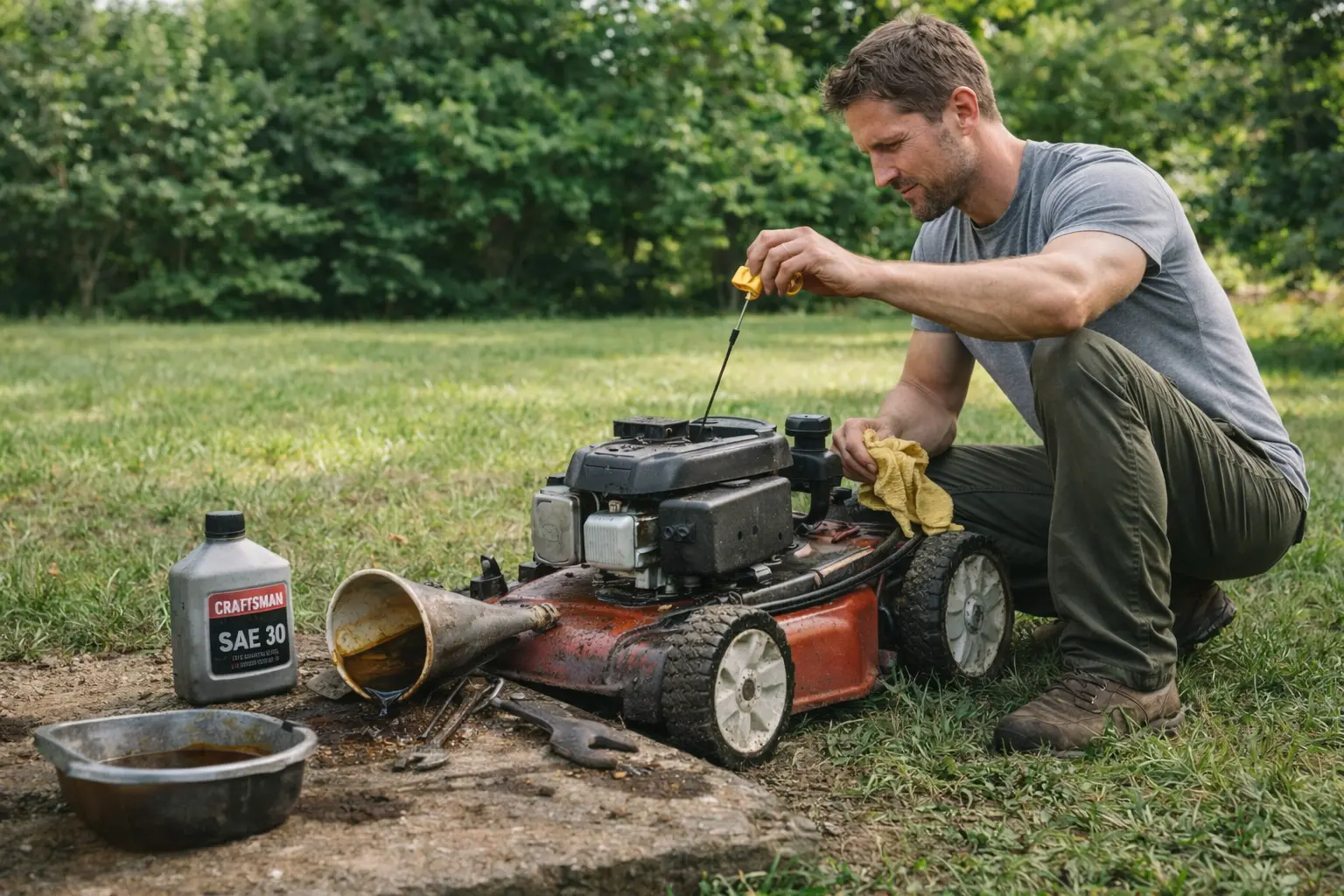 A man checking the oil level of a push lawn mower in a real backyard, using a dipstick with oil bottle, funnel, and tools placed beside the mower during routine engine maintenance