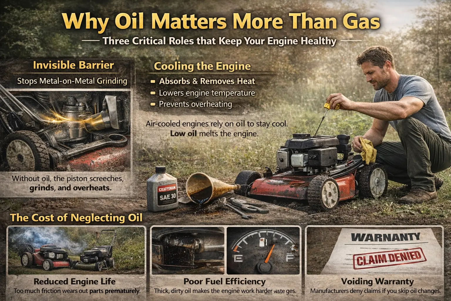 Infographic explaining why oil matters more than gas for lawn mower engines, showing a real person checking mower oil, engine cooling, friction reduction, and the consequences of neglecting oil maintenance