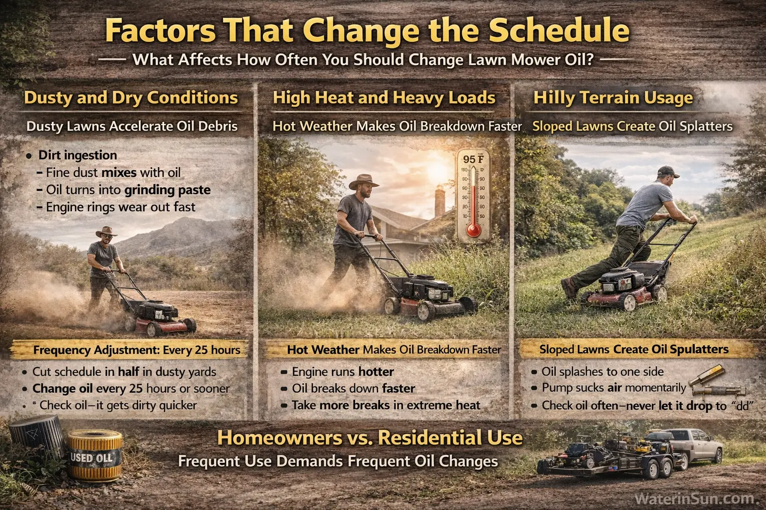 Infographic showing factors that change lawn mower oil change frequency, including dusty conditions, high heat, hilly terrain, and differences between residential and commercial mower use