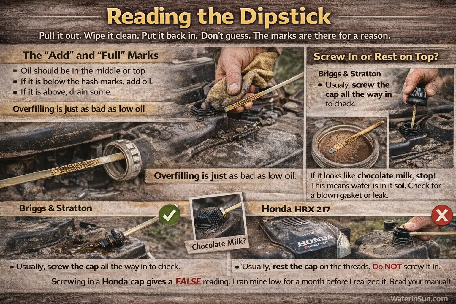 Tutorial image showing how to read a lawn mower oil dipstick, including wiping the dipstick clean, checking oil level between add and full marks, identifying oil color, and correct dipstick checking method for Briggs & Stratton and Honda engines
