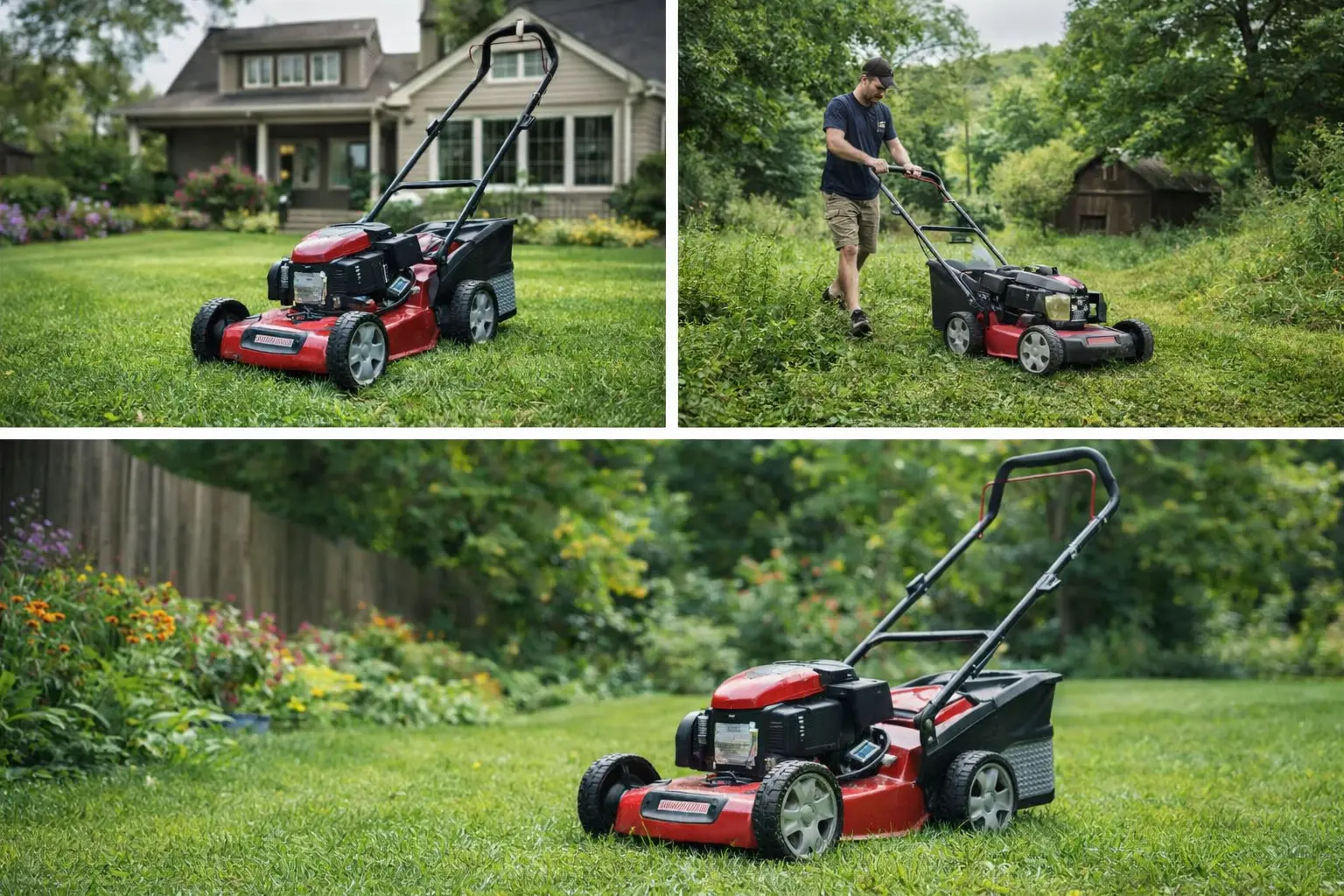 Real outdoor photos of a gasoline push lawn mower in use, showing a homeowner mowing grass in a backyard and the mower positioned on green lawns in residential and garden settings