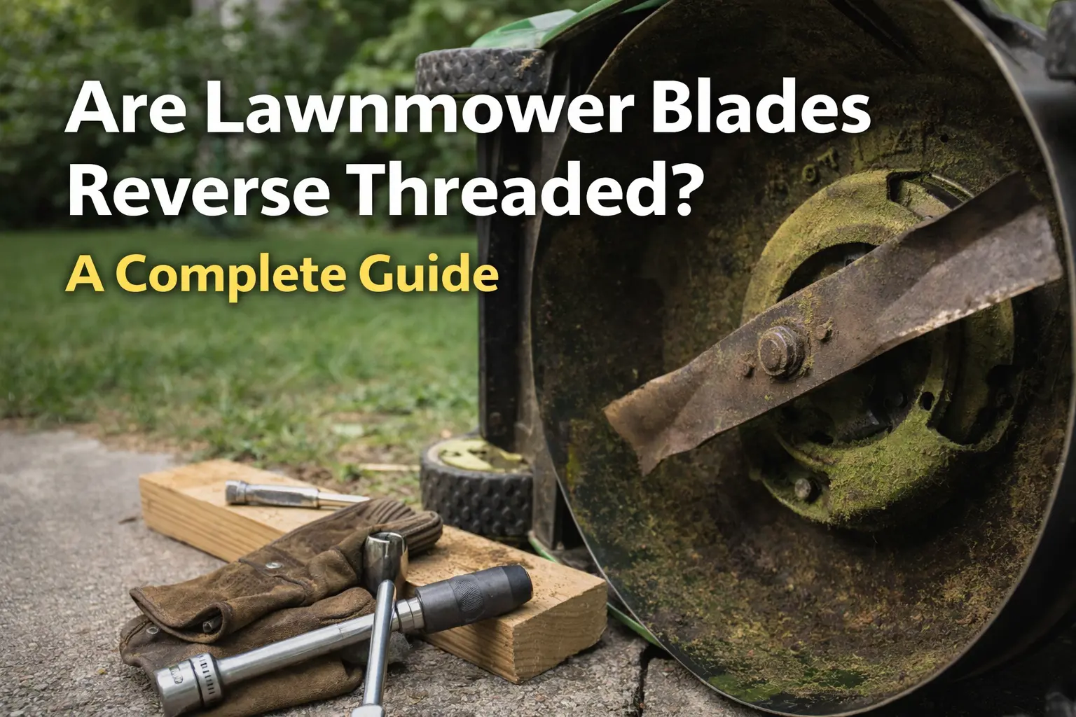Lawnmower blade being removed with a socket wrench and wooden block during routine lawn mower maintenance
