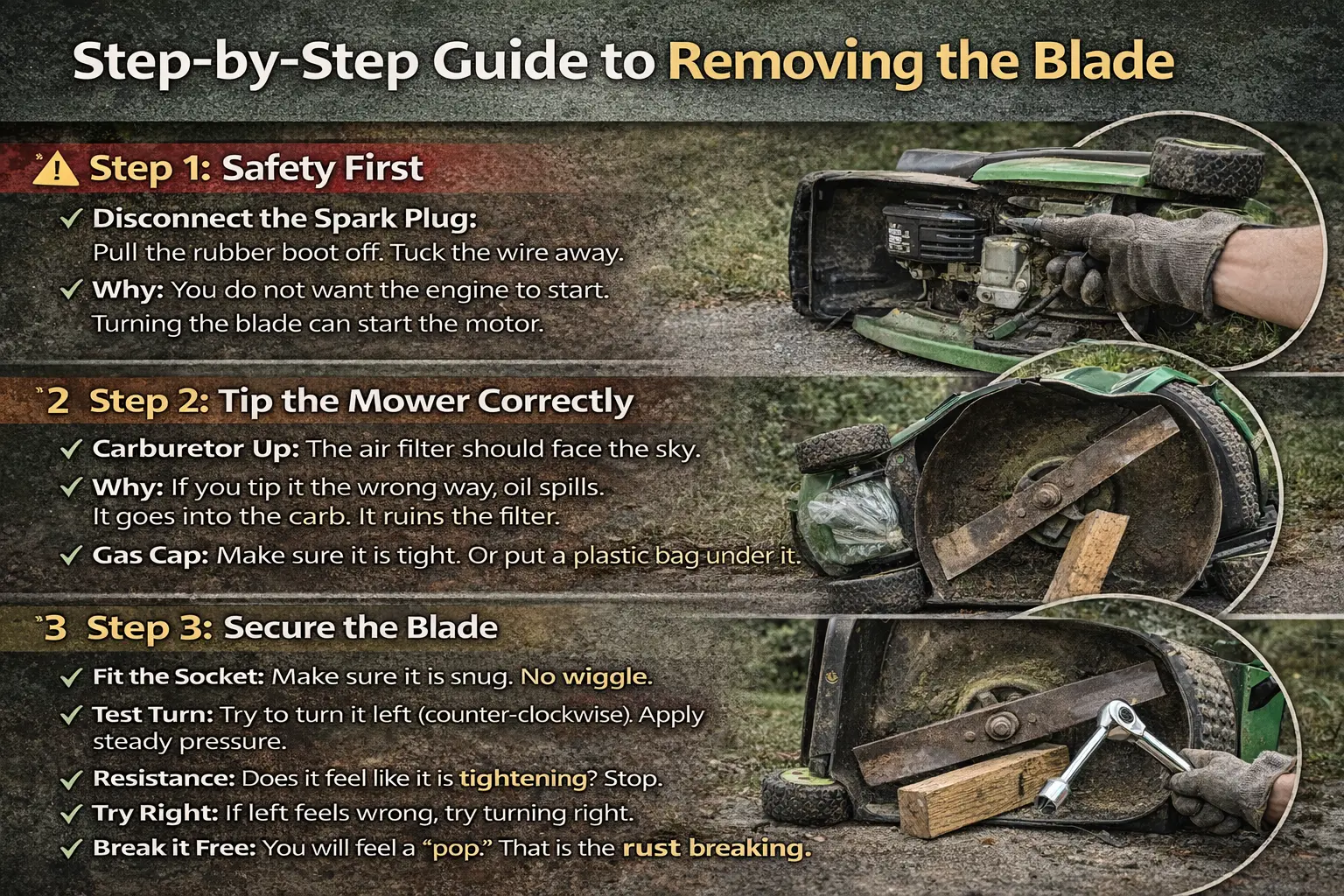 Step-by-step process showing how to safely remove a lawnmower blade using proper tipping, a wood block, and a socket wrench