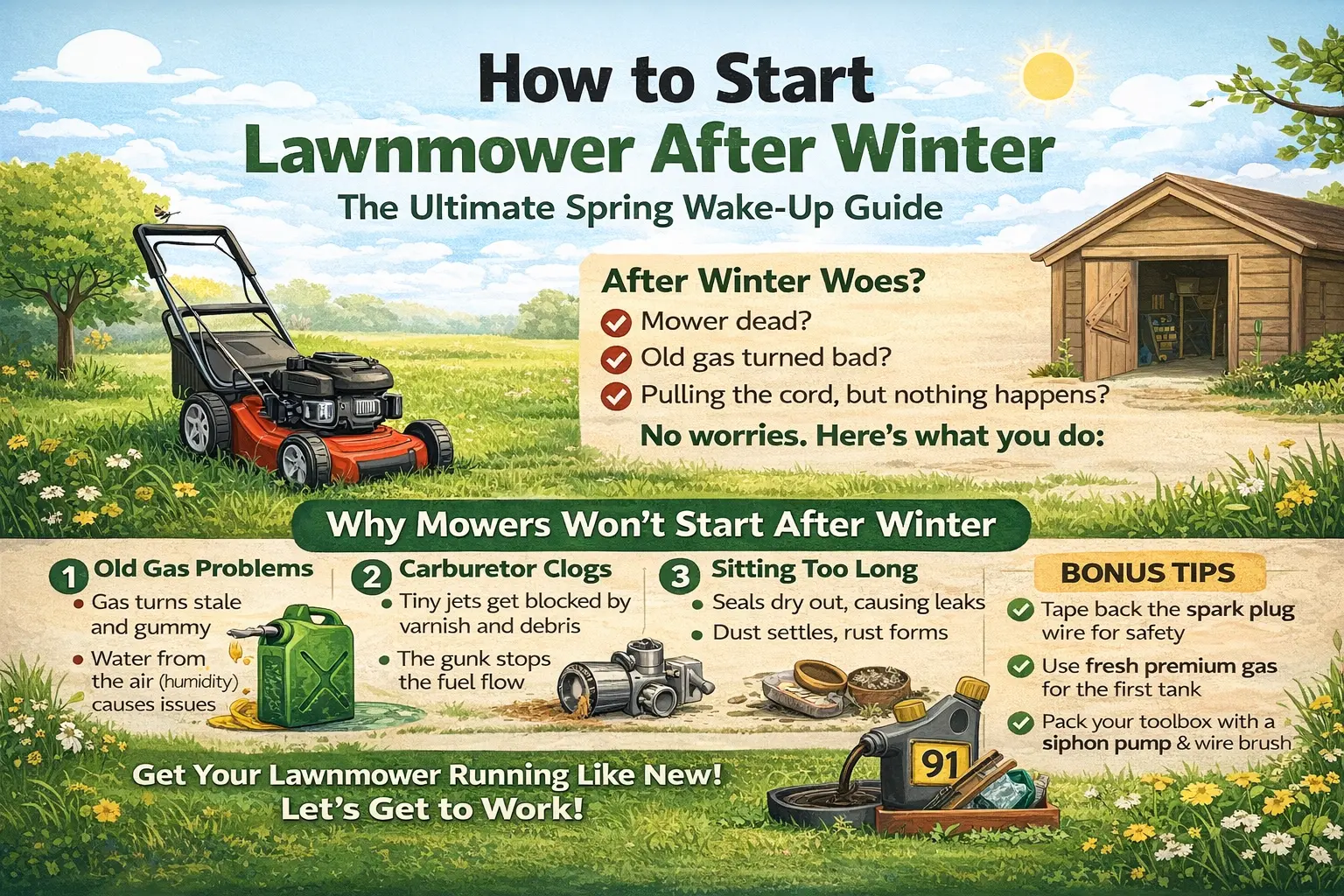 How to start a lawnmower after winter showing spring lawn, push mower, old gas can, spark plug, air filter, and basic mower maintenance steps