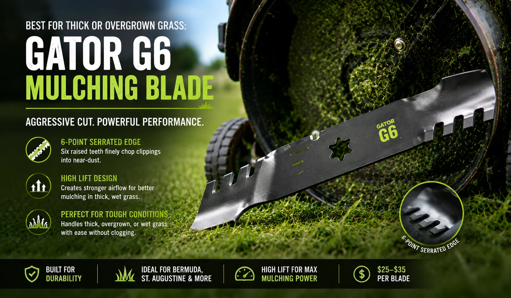 Best for Thick or Overgrown Grass Gator G6 Mulching Blade