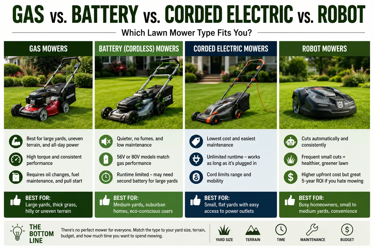 Gas vs. Battery vs. Corded Electric vs. Robot Which Type Fits You