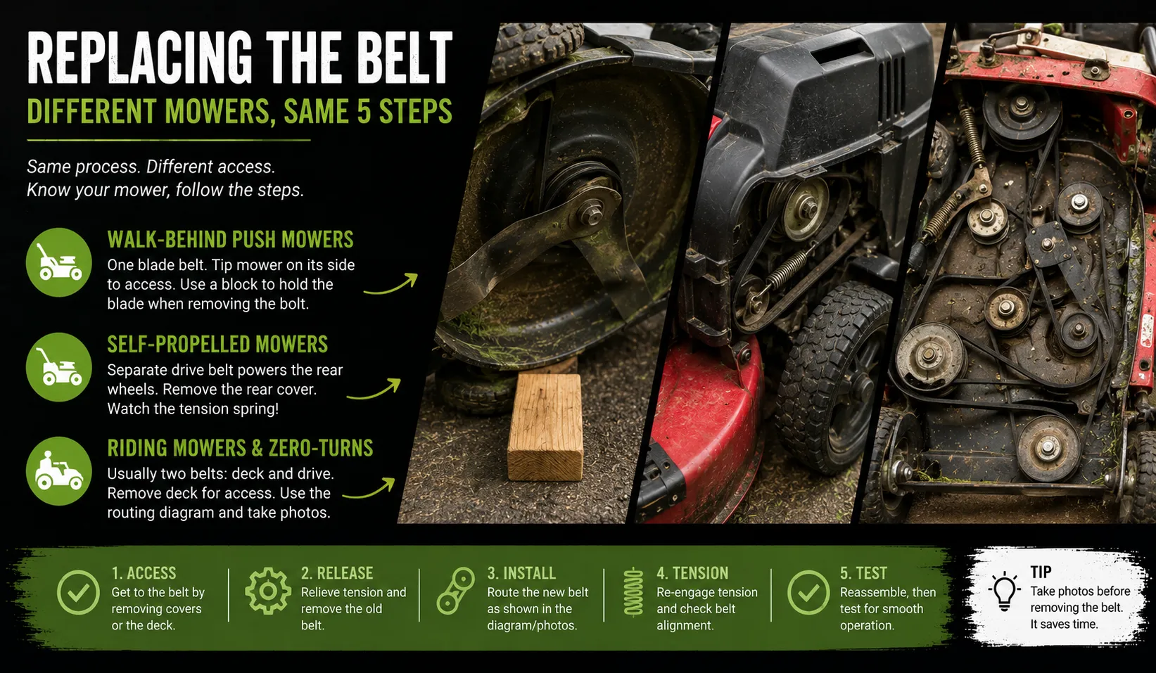 Replacing the Belt on Different Mower Types
