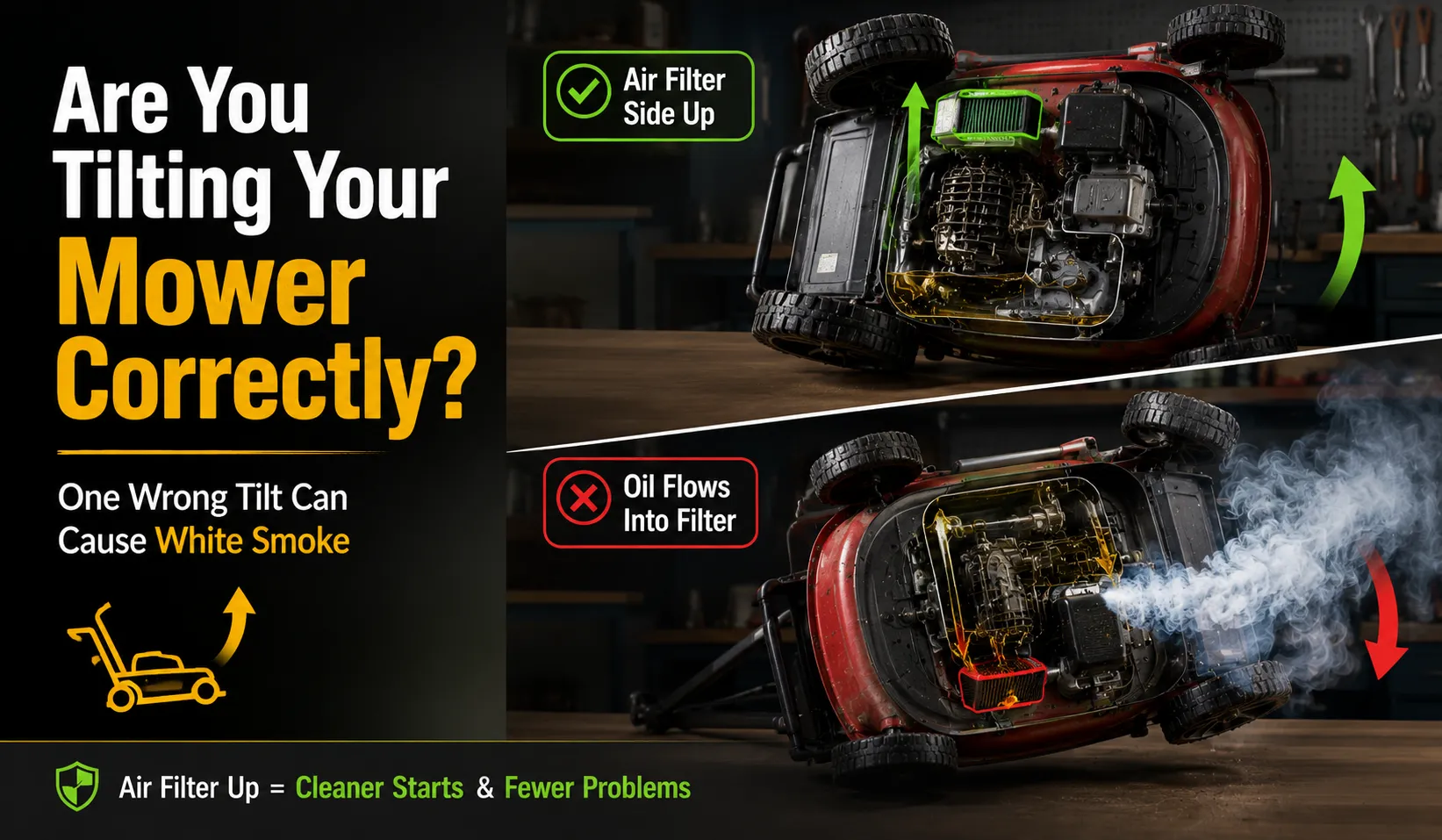 Tilting the Mower the Wrong Way During Storage or Cleaning